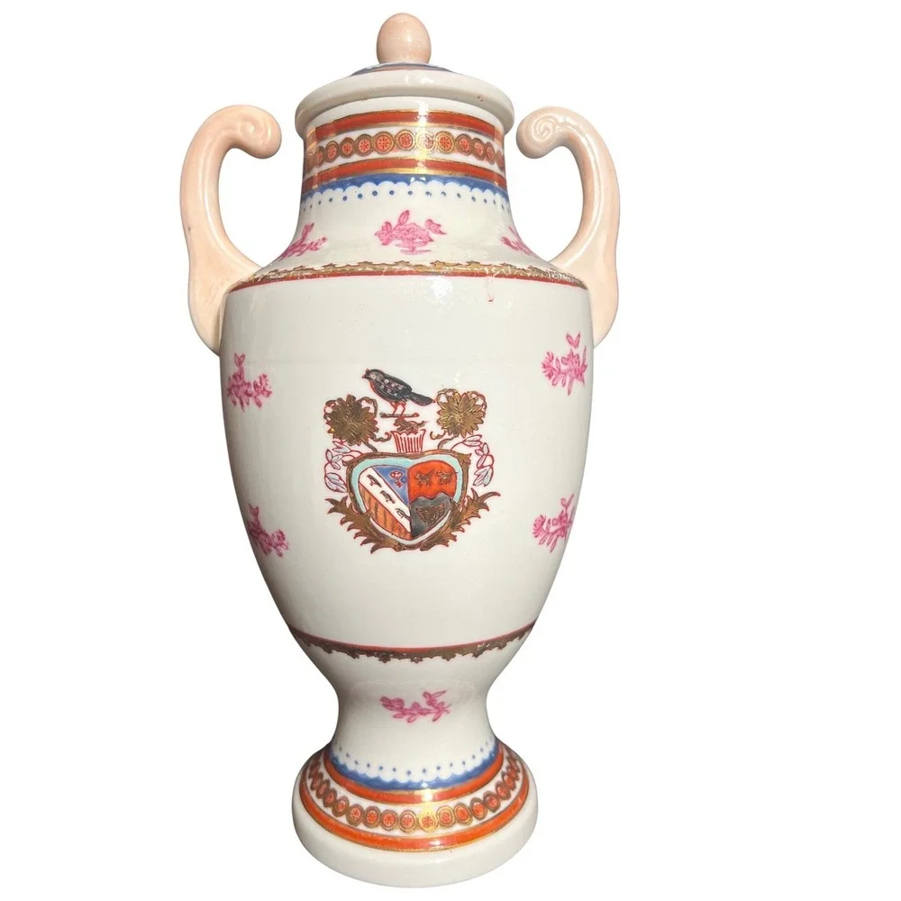Vintage Heraldic Crest Porcelain Lidded Trophy Urn Vase Pink Gold Gilt 11.5